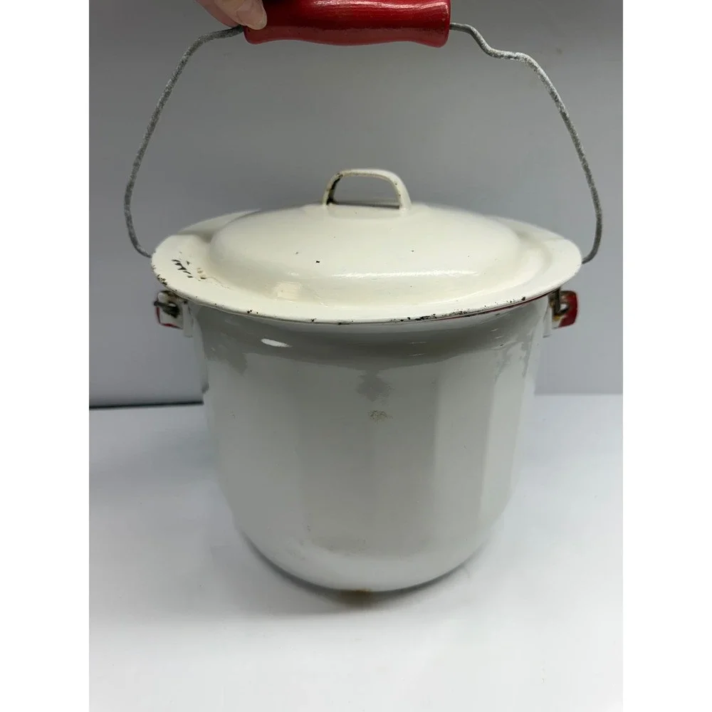Vintage White Enamelware Lidded Pot Red Trim Wooden Handle Farmhouse Bucket